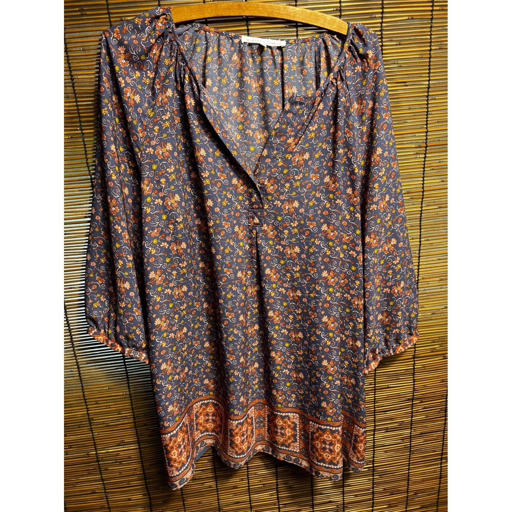 Violet & Claire Medium Floral Paisley Blouse Blue Orange Split Neck Top